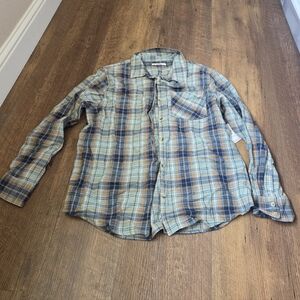 NWT O'Neill Blue, Tan and Cream Plaid Long-Sleeve Button-Up Shirt